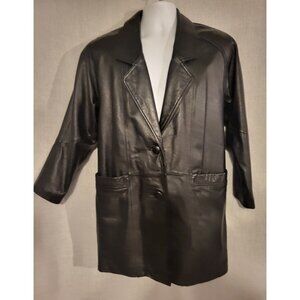 Preston & York Black Genuine Leather Long Overcoat Coat Womens S Petite Unisex